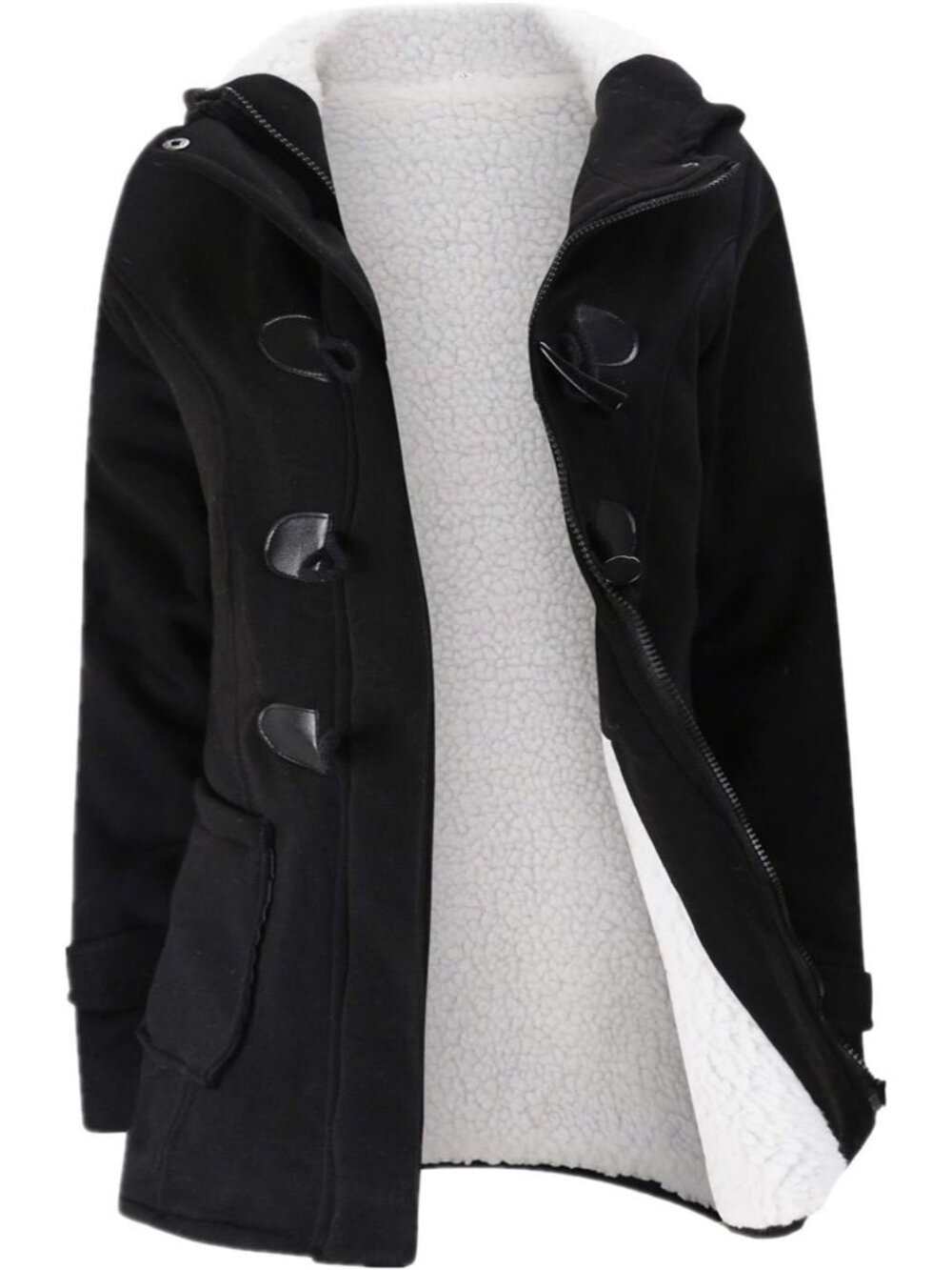 〽️Women Black Fashion Horn Button Fleece Thicken Hooded Winter Warm Coat Jacket
